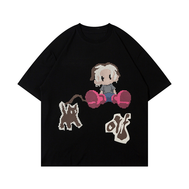 Men's Cartoon Pixel Print Knitted Oversized T-Shirt Retro Short Sleeve Casual Y2K Streetwear Top Daily Street Style Outfits