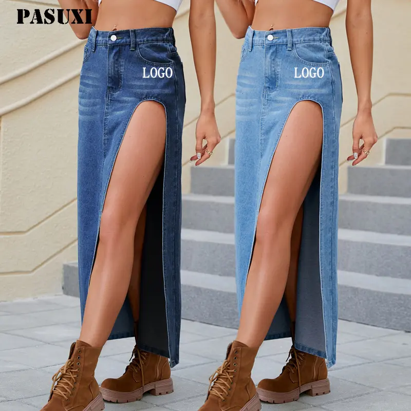 PASUXI 2024 Fashion Street Wear Women's Pocket Patchwork Workwear Drawstring Elastic Waist Long Jeans Skirt With Pocket