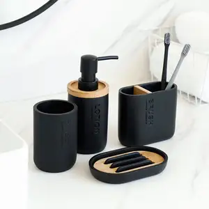 Bathroom Accessories Soap Lotion Dispenser Toothbrush Holder Soap Dish Tumbler Pump Bottle Cup Wood Black Or White