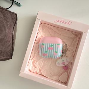 Étui pour écouteurs Apple AirPods 4, motif rayures bleues, pendentif cœur ovale fraise, protection intégrale antichoc - Product Image 2