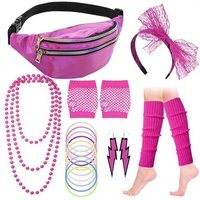 Ensemble de fête rétro années 80 pour femme : Bandeau en dentelle, accessoires, boucles d'oreilles, gants résille, collier – Tenue de soirée fantaisie années 1980