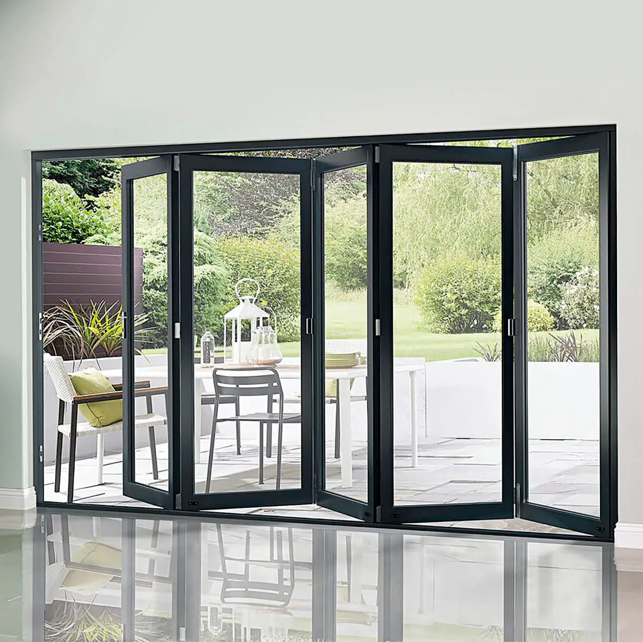 High Quality Aluminum Bifold Bay Window Frameless Black Bifolds With White Windows