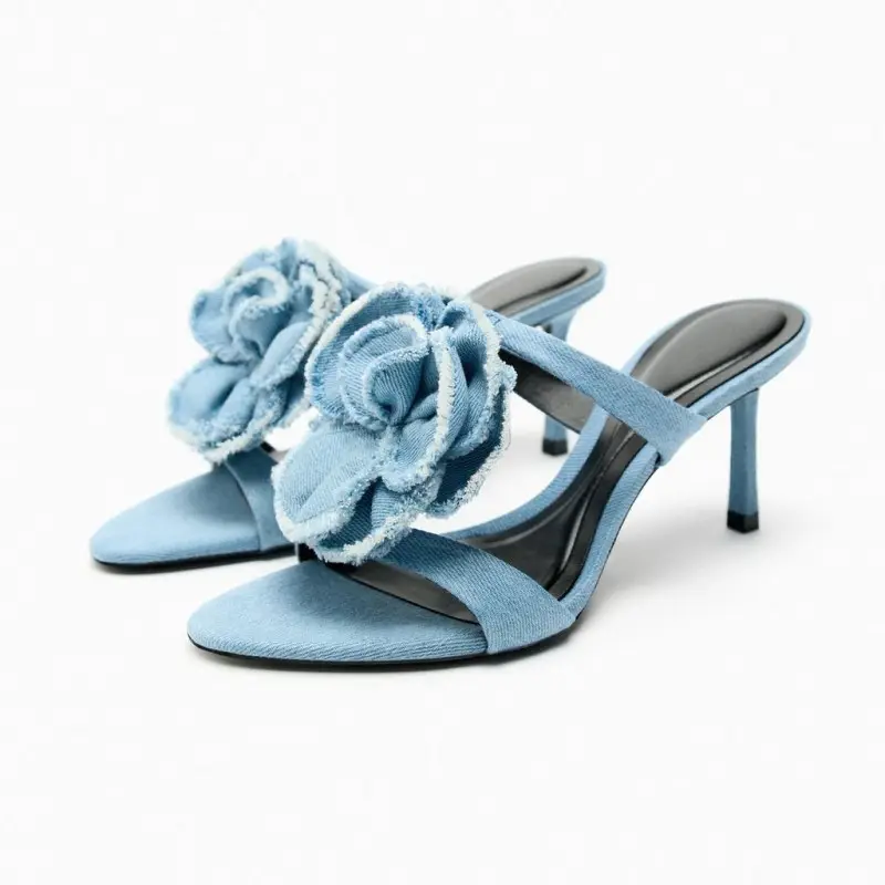 Hot selling fashion women's shoes blue denim fabric flower decoration sandals party wear low open toe heel for women and ladies