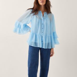 Nueva Blusa Casual de Mujer para Primavera/Verano, Manga Tres Cuartos, Cuello en V, Holgada, con Pliegues, Cinta y Botones, Talla Grande - Product Image 1