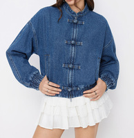 Blouson Bomber en Jean pour Femme Style Chinois avec Boutons Grenouille, Veste Courte Vintage à Col Montant et Taille Élastique pour Printemps Automne