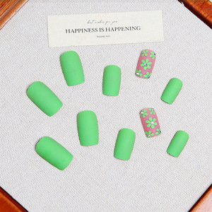 Faux ongles carrés mats vert <span class=keywords><strong>lime</strong></span> en acrylique de haute qualité, à coller, souples, longs, avec décorations 3D fleurs et strass, réutilisables, <span class=keywords><strong>24</strong></span> pièces/ensemble - Product Image 3