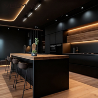 Armoire de cuisine moderne écologique en laque modulaire avec éclairage LED sans poignée, tiroir et panier en stratifié