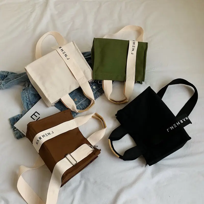 New Originality Fashion Simple Square Small Cotton Canvas Cute Tote Bag with Adjustable Strap