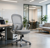 Chaise de bureau ergonomique en maille grise, pivotante et réglable, avec accoudoirs fixes