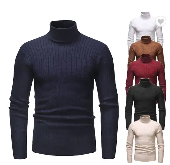 Turtleneck Brown Long Sleeve Ribbed Winter Pullover Cable Knit Sweater Men