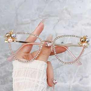 Nuevas gafas de ojo de gato con diamantes de imitación, gafas con montura de Metal, pueden ir acompañadas de miopía, gafas antiluz azul para mujer