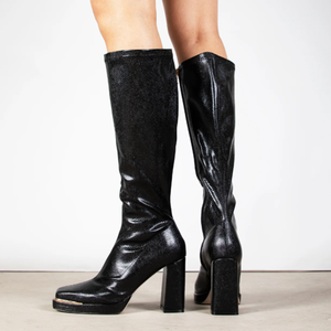Retro High Chunky Heels Long Booties Square Metal Toe Side Zipper Stretchy <b>Shoes</b> Women Western Style Knee High Boots - Product Image 5