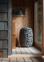 Cabane de sauna extérieure moderne en cèdre rouge avec poêle à vapeur sèche de 9 kW, extérieur foncé, grand verre, spa forestier