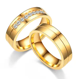 Trendy Gold and RH Plated Stainless Steel Rings Engagement Zircon Couple Rings for Man and Women