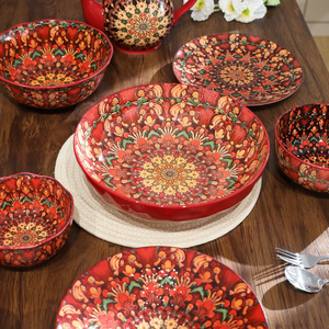 Bohemian Plant Pattern Microwave Safe Round Dinnerware Plates Bowls Set for Wedding Birthday Celebrations-Bohemian Red Design - Product Image 1