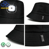 Sombrero de Pescador Negro con Luz LED Recargable, Fabricación OEM/ODM, con Logotipo Privado Lateral, para Pesca Nocturna y Actividades al Aire Libre