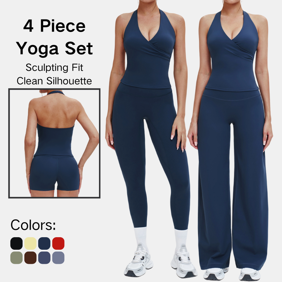 Trendy Yoga Athleisure Set Womens Halter Cross V Neck Backless Top High Rise Shorts Slim Leggings Loose Wide Pants Workout Gym