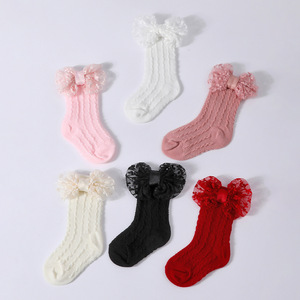 Chaussettes en tricot jacquard ajouré pour bébé, couleur unie, avec grand nœud long + bandeau, collection Printemps-Été, 0-3 ans - Product Image 2