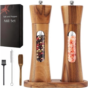 Moulins à épices manuels rechargeables de 8 pouces avec fenêtre à vue dégagée Ensemble de moulins écologiques en bois d'acacia avec base - Product Image 4