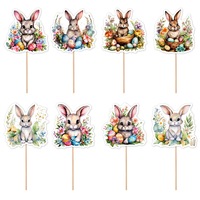 8pcs Easter Watercolor Cute Bunny Cupcake Topper Rabbit Easter Egg Flower Cake Decoration Spring Party Supplies