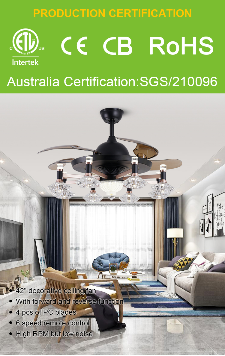 Breezelux modern Three Color Changing 42 Inch Led Light Chandelier Ceiling Fan Light For Restaurant