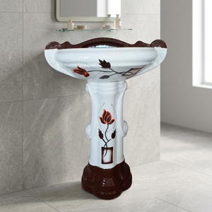 Big Sterling Brown <b>Rustic</b> Ceramic Pedestal Wash Basin Set Round Porcelain Designer <b>Bathroom</b> Sink - Product Image 1