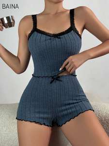 Ensemble de lingerie sexy pour femme, deux pièces, débardeur côtelé épais et short avec dentelle contrastante, pyjama et pantalon de détente - Product Image 2