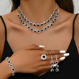 ジュエリーセットシルバーメッキフラワードロップダイヤモンド銅高級ブレスレットリングイヤリングネックレス女性用 - Product Image 5