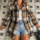 Chaqueta camisera a cuadros color marrón oliva para mujer - Abrigo informal con botones y solapa de manga larga - Ropa exterior de corte holgado - Product Image 5