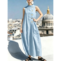 Robe longue sans manches en coton et lin, style décontracté européen et américain, col rond boutonné, collection Printemps-Été 2026