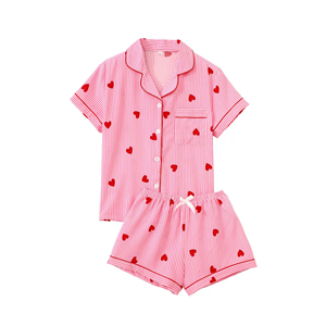 Dames crêpe pyjamaset met bubbelstructuur, overhemd met korte mouwen en knoopsluiting, elastische taille, korte broek, roze streep, nachtkleding met hartprint - Product Image 4