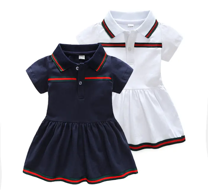 summer sports baby girl dress fashion wear new style 6M-3T white and navy color 100% cotton