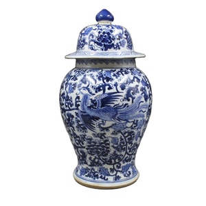 Pot général fait à la main motif fleur et oiseau Antique <span class=keywords><strong>dynastie</strong></span> <span class=keywords><strong>Qing</strong></span> porcelaine Phoenix bleu et blanc pot de gingembre avec couvercle pour la décoration - Product Image 1