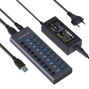 高速10端口USB 3.0集线器5Gbps，带开关分离器适配器10合1集线器USB充电站