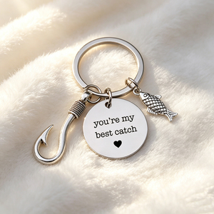 Fishing <b>Couple</b> Charm Keychain, Silver Plated Hook & Fish Pendant Engraved Round Tag for Lovers Anniversary Gift - Product Image 1