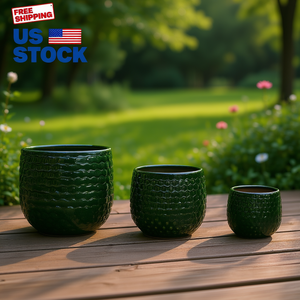 Ensemble de 3 pots de fleurs en céramique MDJ, vert foncé, glaçure brillante, ronds, pour l'intérieur et l'extérieur, style moderne minimaliste - Product Image 2