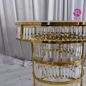 サイベレ クリスタルケーキテーブル ラウンド ホワイトガラストップ ゴールドメタルペンダント付き ウェディングパーティーイベント用吊り下げテーブル - Product Image 2