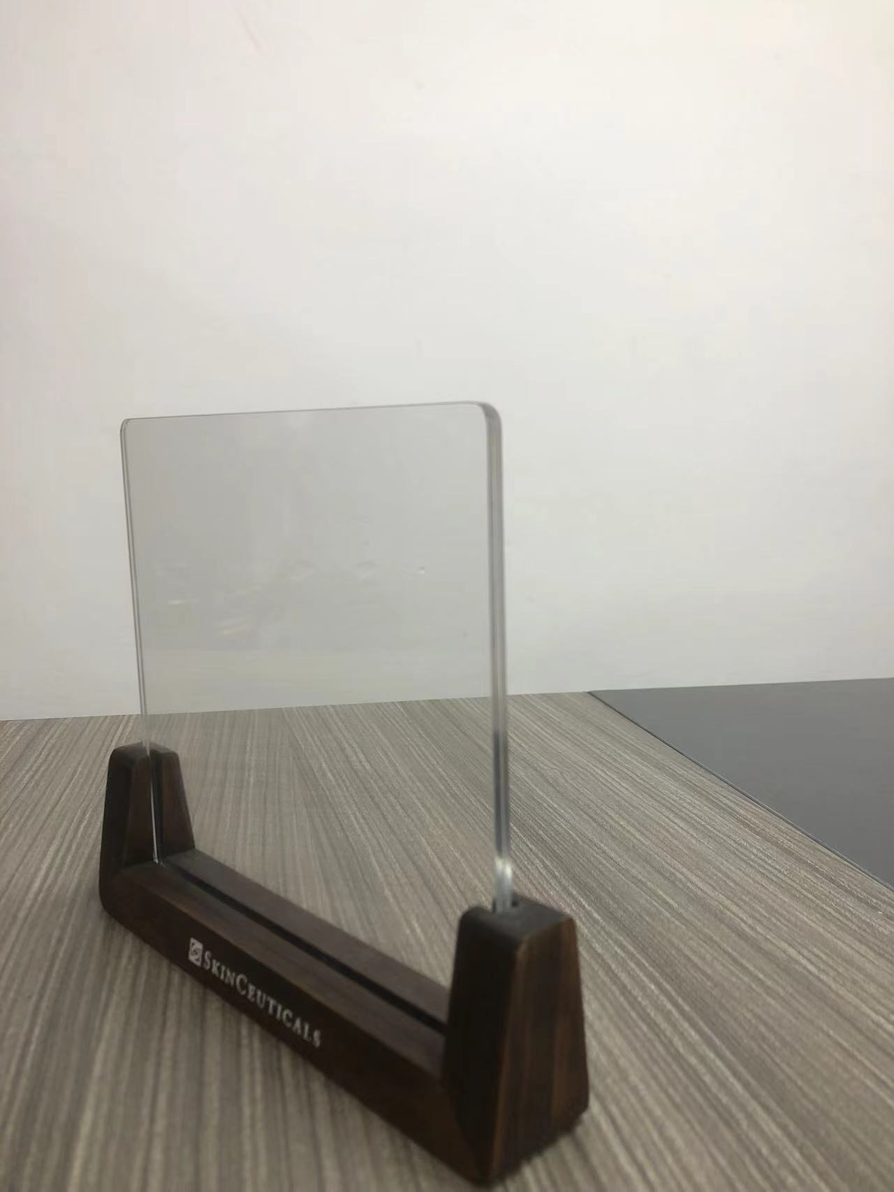 Transparent Acrylic Menu Stand with a Wooden Counter Top Shelf, Ideal for Restaurants and Hotels. — view 5