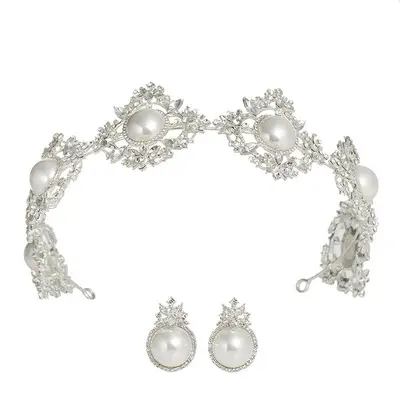 2021 Amazon Top Seller Vintage Silver Big Pearl Headband Crown and Tiara Crown of The Bride Wedding