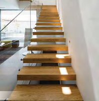 Escalier moderne à poutres en acier avec marches en bois massif et garde-corps en câble, style industriel pour villa/hôtel (fini noyer foncé)