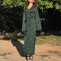 Robes longues à col en V et ceinture pour femmes, vente en gros, précommande, élégantes, manches longues, robe maxi pour femmes