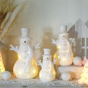 Winter Holiday Nordic Handcrafted LED Ceramic Snowman Figurines-<b>Christmas</b> Decorations Matte Finish 11cm for Indoor/Outdoor Use - Product Image 4