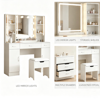 Ensemble de coiffeuse moderne blanche avec miroir lumineux, étagères de rangement ouvertes et tiroir, pour chambre à coucher
