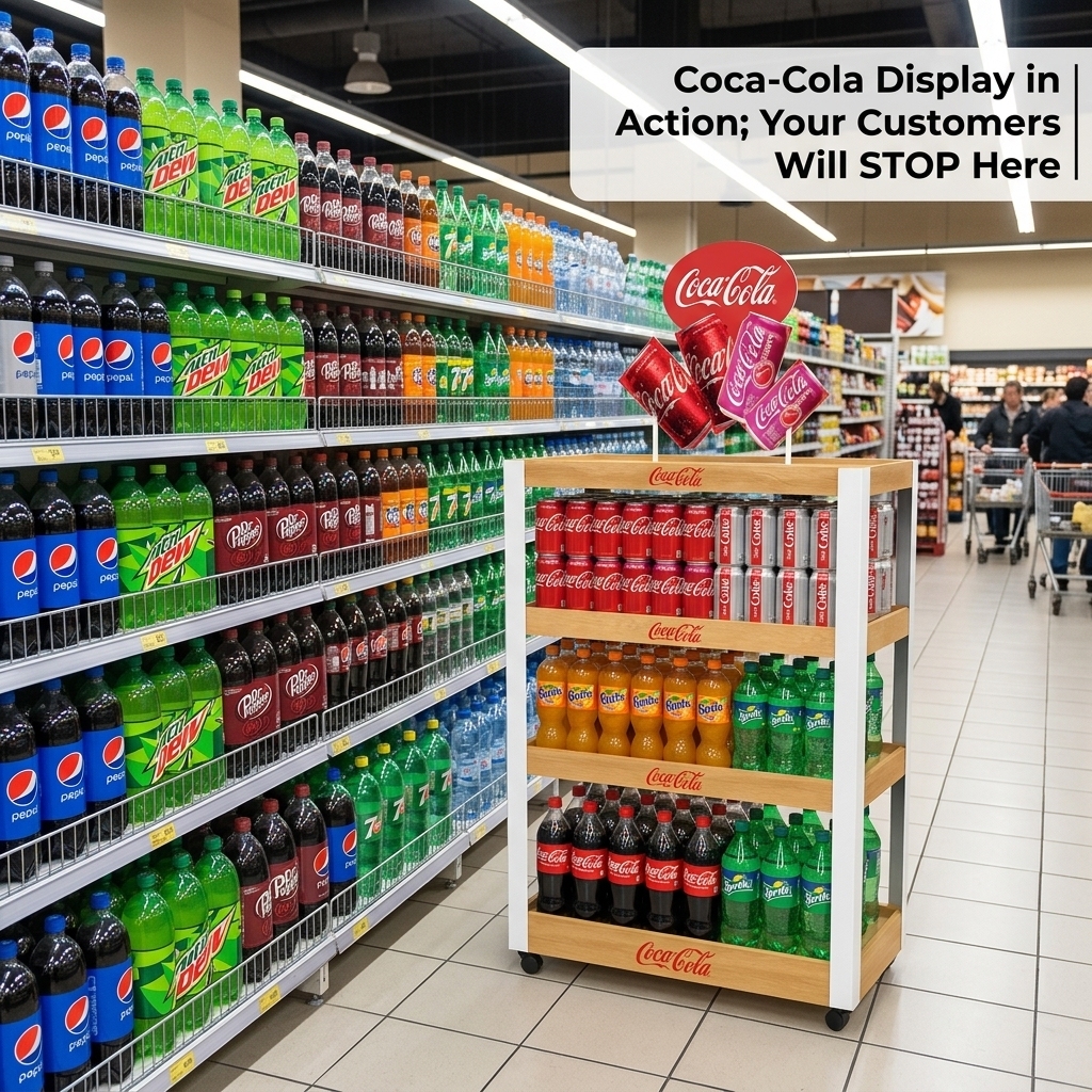 Wholesale Custom Wood Metal Beverage Display Rack for Cola Sprite Fanta Soda Soft Drink Retail Store Mobile Beverage Stand — view 2