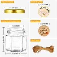 Pot Hexagonal en verre transparent de 1.5oz, 45ml, 85ml, 100ml, petit pot Hexagonal pour confiture d'épices, pot de miel avec couvercle et corde de Jote pour cadeau de fête de mariage