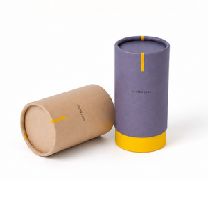 Confezione Personalizzata in Tubo di Carta Viola e Gialla Riciclabile con Blocchi di Colore per Cosmetici - Product Image 1