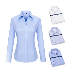 Rts 100% Katoen Vrouwen Effen Blauw Twill Business Tuxedo Shirt Anti-Rimpel Niet Ijzer V-hals Dress Shirt Voor vrouwen