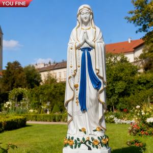 YOUFINE 가톨릭 종교 실물 크기 기도에 묵주와 장미가 있는 흰색 대리석 성소 루르드 조각 - Product Image 2