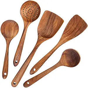 耐用不粘厨房木质烹饪工具勺子锅铲柚木用具套装6 7 8件