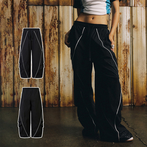 Pantalon cargo ample à taille élastique pour femme KingSen, avec surpiqûres contrastées, style streetwear hip-hop, pantalon baggy - Product Image 1